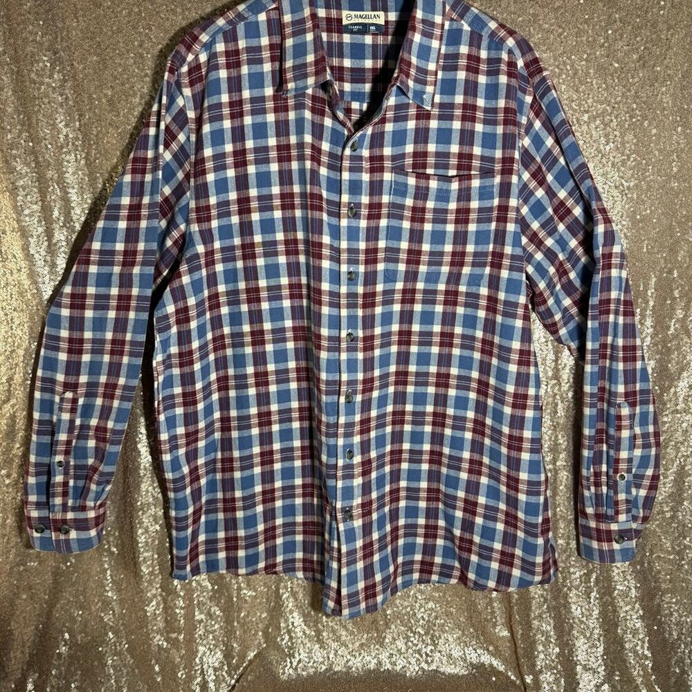 Magellan Outdoors Shirt Mens XXL Red White Blue Plaid Flannel Button Down